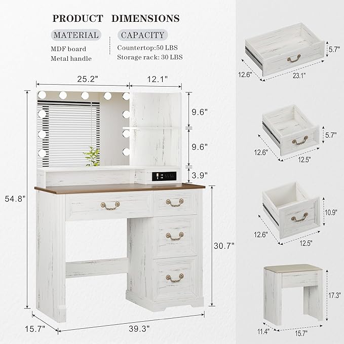 Farmhouse Vanity Desk with Lighted Mirror & Power Outlet, 39 inch Rustic Makeup Vanity Table with Drawers and Stool, Hollywood Mirror with Lights, White Dressing Table for Women Girls Gifts