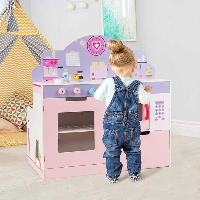 GLACER 2-in-1 Kids Kitchen Playset, Double-Sided Wooden Pretend Cooking Food Set w/Stove, Oven, Microwave, Storage Cabinet, Simulation Play Kitchen Set for Toddlers (Pink)