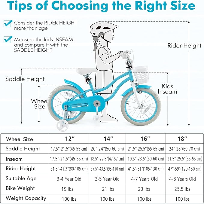 COSTWAY Kids Bike, 12 14 16 18 Inch Toddler Bike Children Bicycle w/Training Wheels, Hand & Coaster Brakes, Adjustable Saddle & Handlebar, Basket, Bell, Kids Bicycle for Girls Boys Aged 3-8 Years Old