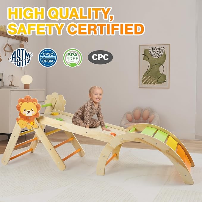 Pikler Triangle Set with Cushion, 7 in 1 Toddler Climbing Toys Indoor, Montessori Foldable Climbing Set, Wooden Climbing Toys for Toddlers Inside with Ramp, Arch and Ladder (Lion)