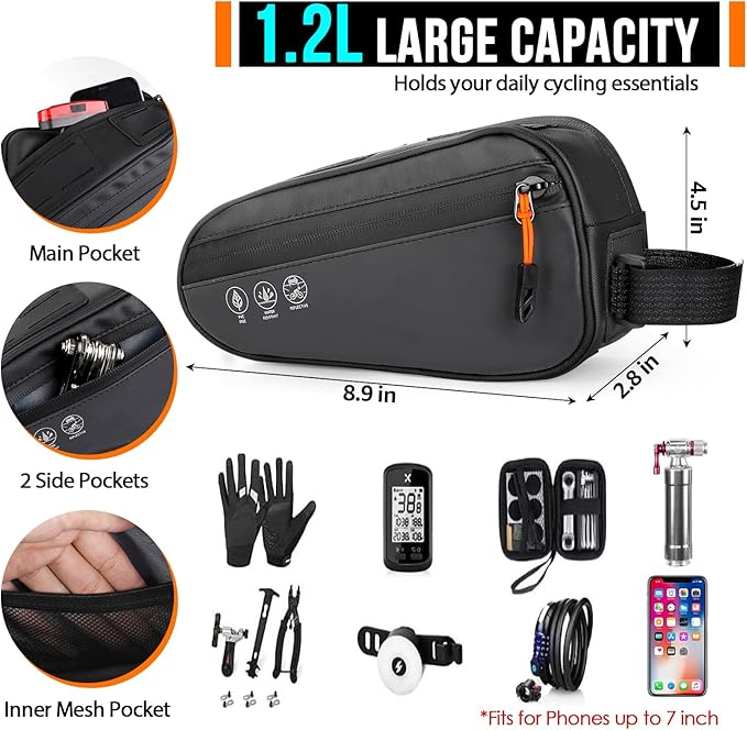 WOTOW Bike Frame Bag - 3 Ways Installation Water Resistant Reflective Bicycle Top Tube Bag with Two Side Pockets, Ebike Cycling Triangle Bag Pouch Accessories for MTB Road Travel (1.2L)