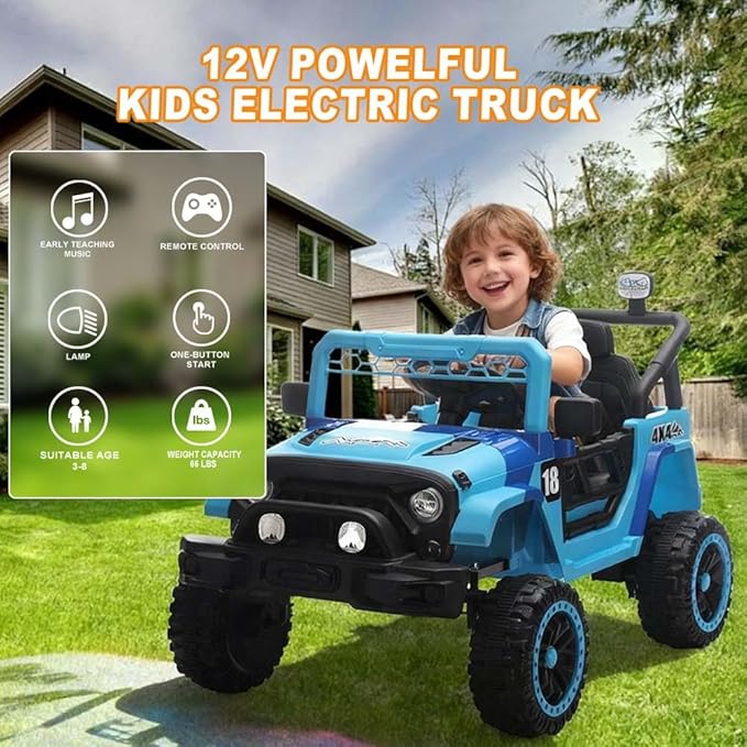 12V Kids Car, 4x4 Electric Car for Kids with Remote Control, LED Headlights & Music, Ride-On Truck Toy Gift for Boys Girls 3-8 Years (Blue)