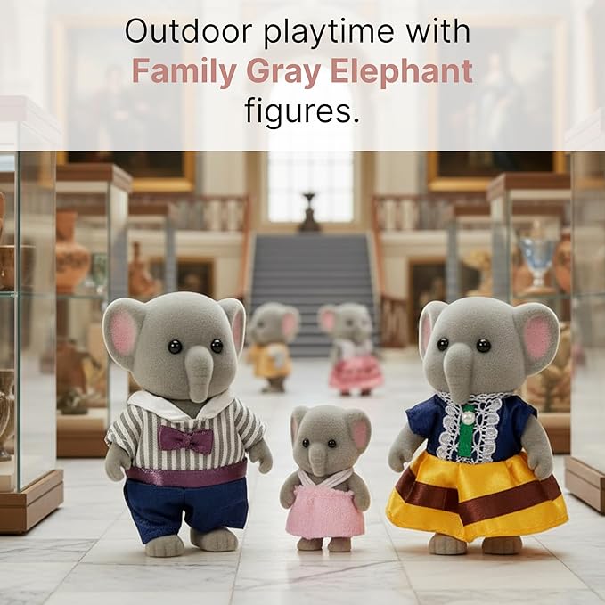Family Gray Elephant Figures — Set of 3 Collectible Flocked Mini Dolls with Removable Clothes, Miniature Dollhouse Pretend Play Figures for Kids Ages 3+