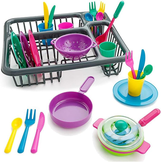 Kids Pretend Play Dishes Children's Kitchen Playset - Wash and Dry Tableware Dish Rack Toy with Drainer, Cups, Pots, Utensils (28 Pieces)