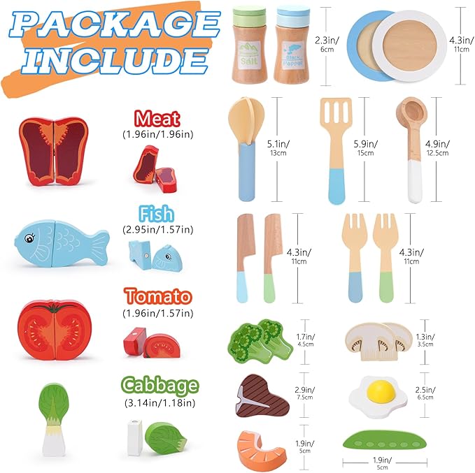 Play Kitchen Accessories, Wooden Play Cooking Set, Pretend Play Kitchen Set for Kids, Including Stove, Cookware Pots and Pans, Cooking Utensils Playset, Cutting Food Playset for Girls Boys Toddler