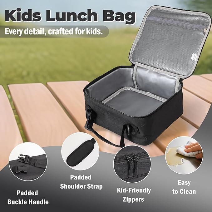 Kids Lunch Box Kids Lunch Bag for Girls Boys, Insulated Lunch Bag for Men with Shoulder Strap, Small Lunchbox for Girls School Travel Picnic (Black)