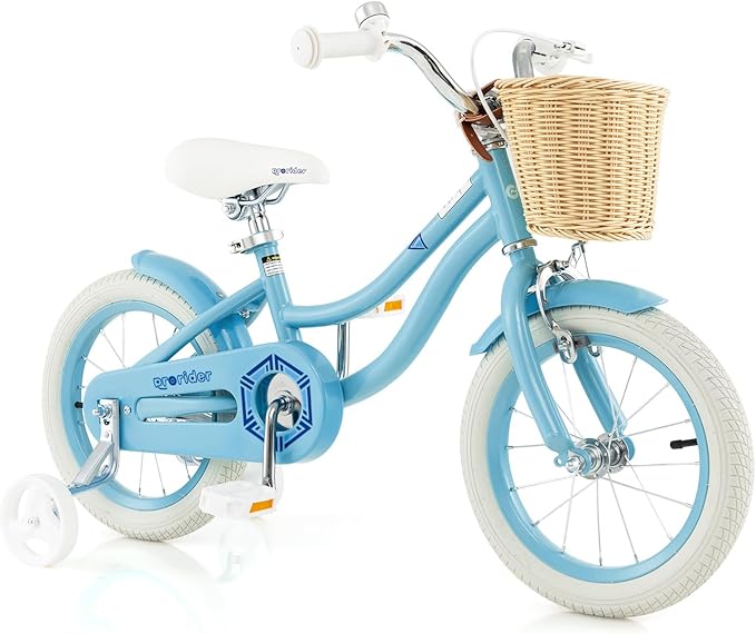 BABY JOY Kids Bike, 14 16 18 Inch Retro Kids Bicycles for 3-8 Years Old Children with Training Wheels, Adjustable Height, Rattan Basket, Handbrake & Coaster Brake, Boys Girls Bike (Pink, Green, Blue)