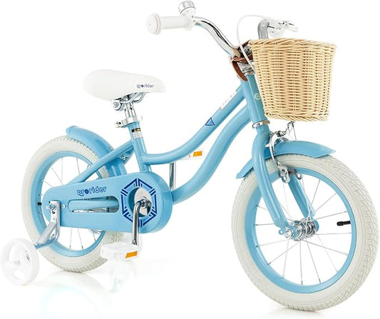 BABY JOY Kids Bike, 14 16 18 Inch Retro Kids Bicycles for 3-8 Years Old Children with Training Wheels, Adjustable Height, Rattan Basket, Handbrake & Coaster Brake, Boys Girls Bike (Pink, Green, Blue)