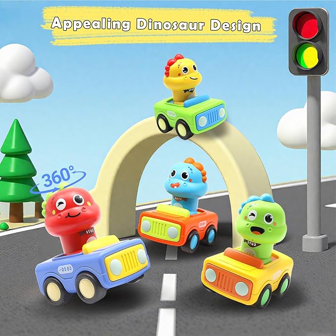 Pbooo Press to Go Car, Dinoaur Car Toys for Toddlers 1-3, Kids' Play Vehicles and Race Cars, Push Go Cars for 6-12-18 Month, Ideal Christmas and Birthday Gift for 1-2 Year Old Kids