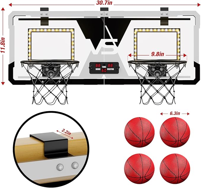 2 Player Basketball Game, Dual Shot Over The Door Mini Basketball Hoop Indoor with Scoreboard & LED, Basketball Toy Gifts for Kids Boys Girls Adults, Suit for Bedroom/Office/Outdoor/Pool, Black
