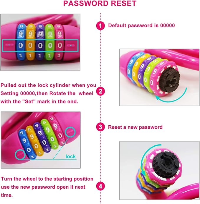 Bike Lock Cable - 4 Feet Resettable Cable Lock - Self Coiling 5 Digit Combination Bicycle Lock (Rose Red)