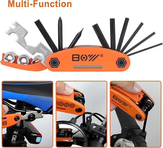 Bike Tool Kit Set, Portable Bike Repair Kit include 16 in 1 Multi Tool, 2 iron Tire Levers and 5 Pre-glued Patch Tire Patch, Metal Files, All in One Mini Tool Bag