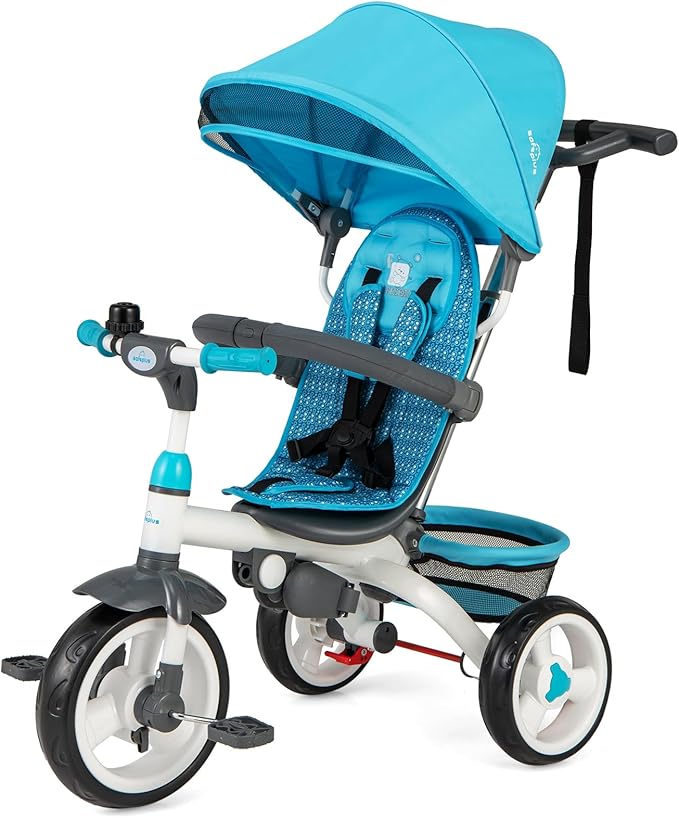 Costzon Tricycle for Toddlers, 6 in 1 Trike w/Parent Handle, Adjustable Canopy, Storage, Safety Harness & Wheel Brakes, Baby Push Tricycle Stroller for Kids Boys Girls Aged 9 Month-5 Years Old, Blue