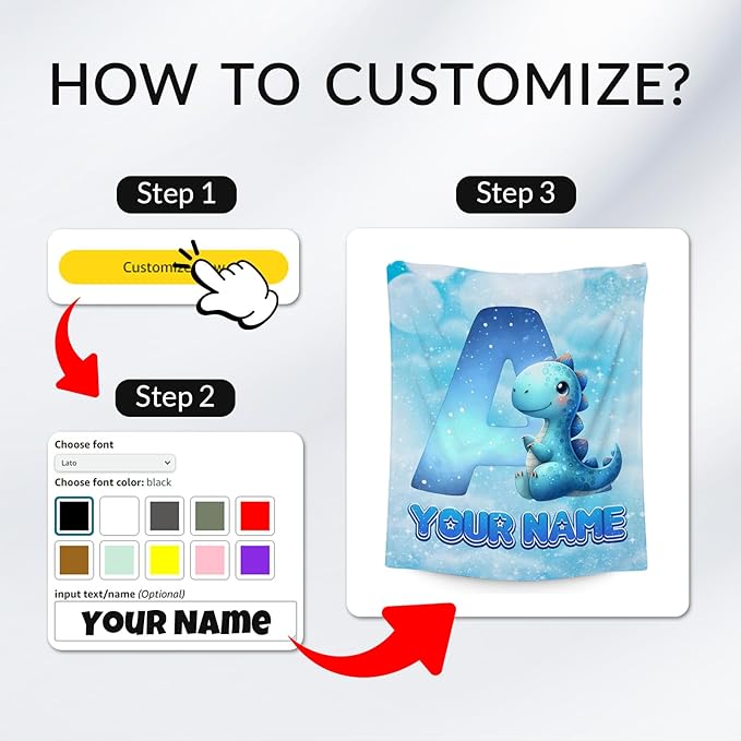 Dinosaur Blanket - Personalized Kids Blankets with Name for Boys Girls - Custom Monogram Gifts for Son Daughter - Lightweight Flannel Throws - 4 Sizes for Toddler/Children/Teens/Adults