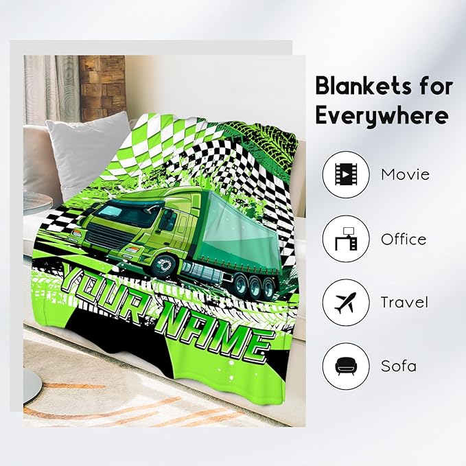 Personalized Boys Blanket, Truck Blankets for Kids, Custom Gifts with Name, Construction Truck Throw, Cozy Flannel Toddler Throws for Teens, 60"x80"
