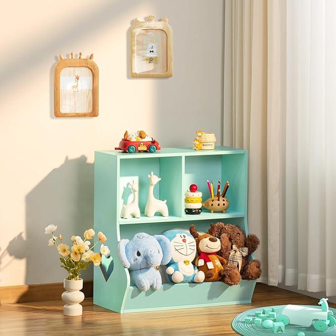 Lerliuo Baby Toddler Bookshelf and Storage Organizer, Kids Cabinet and Bookcase, Wooden 3 Cubby Children Book Shelf for Playroom, Bedroom, Nursery, School 23.62'' H (Green)