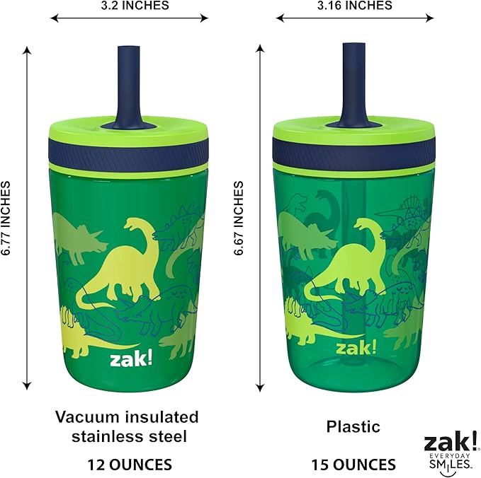Zak Designs Dino Camo Kelso Tumbler 3pc Set, Leak-Proof Screw-On Lid with Straw, Bundle for Kids Includes Plastic and Stainless Steel Cups with Additional Sipper