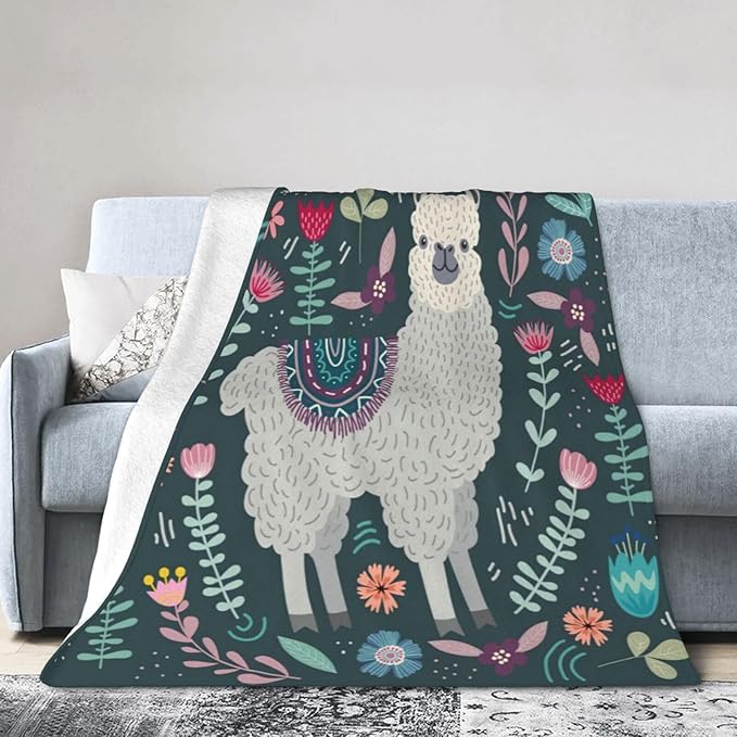 Alpaca Blanket Botanical Flower Throw Blanket Cozy Plush Boho Bohemia Llama Fleece Flannel Ultra Soft Blankets Lightweight Fuzzy Party Gifts for Adult Bed Couch Sofa Kids 80"X60"