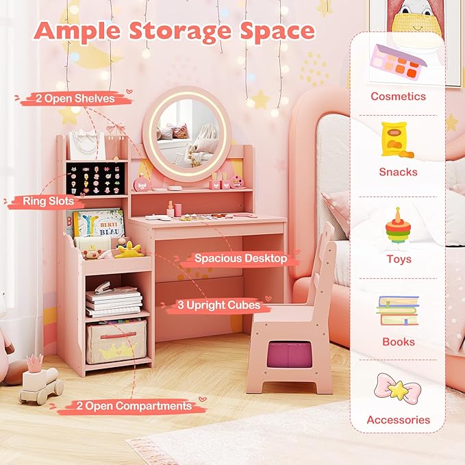 HONEY JOY Kids Vanity with Lights, Wooden Princess Makeup Dressing Vanity Desk with Jewelry Storage, Open Shelves, 2 in 1 Toddler Vanity Table & Chair Set with Lighted Mirror for Little Girls(Pink)