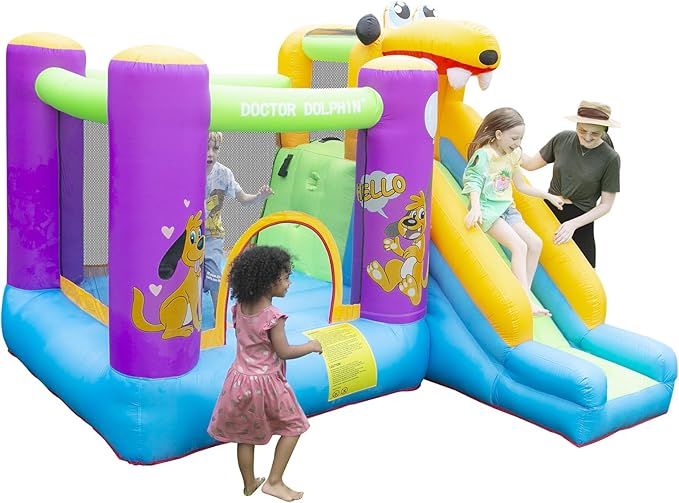 Doctor Dolphin Bounce House Slide with Blower Bounce House for Kids 5-12 Bounce House for Kids, Jumping Bouncy Castle with Puppy Slide Outdoor, Inflatable Bouncer with Blower