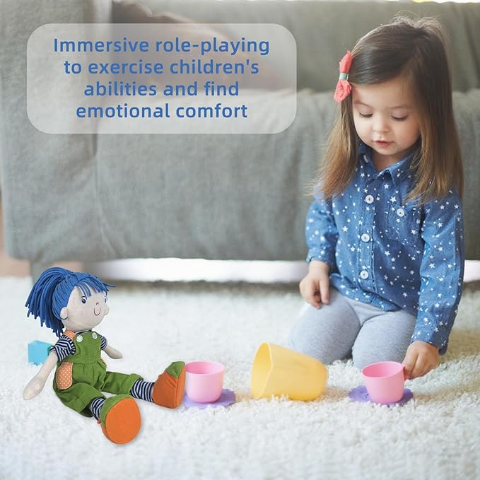 13” Soft Baby Doll, Plush Toy Soft Stuffed Figure for Kids, Plush Toys Adorable Blue - Haired Rag Doll, Green Overalls Design, Soft Cuddly Dolls Companion Perfect Plushie Gift for Kids