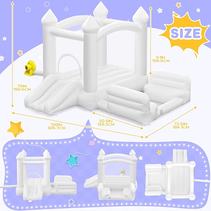 White Bounce House for Kids 3-8, Large Inflatable Bouncy House with Air Blower Slide Ball Pit Jumping 100 Balloons, Bouncy Castle for Party Birthday Wedding Event Indoor Outdoor (10x6x6FT)