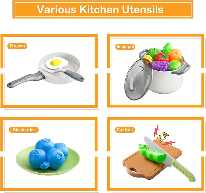 35Pcs Kids Kitchen Toy Accessories, Toddler Pretend Cooking Playset with Play Pots, Pans, Utensils, Cookware, Play Food Set, Toy Vegetables, Learning Gift for Girls & Boys (White)