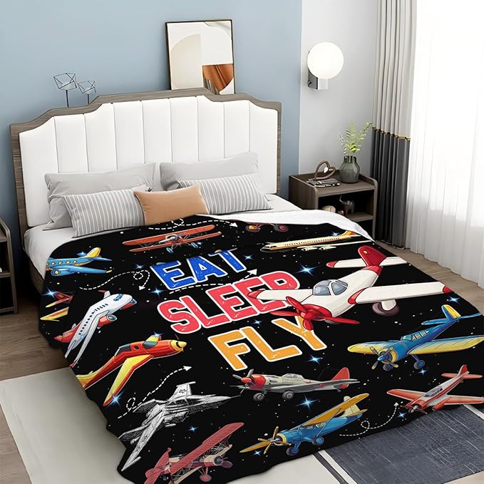 Airplane Throw Blanket for Kids, Cute Aircraft Plane Fleece Blanket Gifts for Boys Girls, Warm Cozy Soft Flannel Stuff for Bed Sofa Couch 80" x 60"