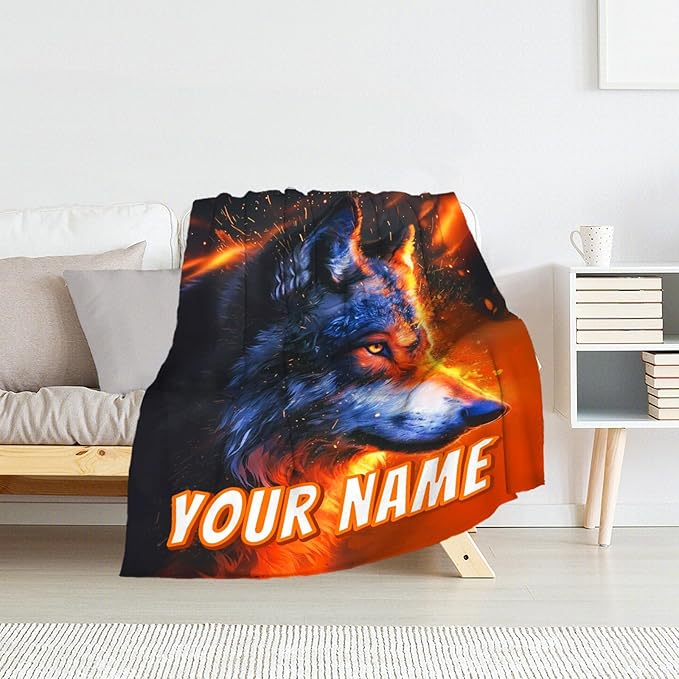 Custom Wolf Blanket for Boys - Wolf Gifts for Kids Flannel Warm Plush Personalized Throws for Decor Home