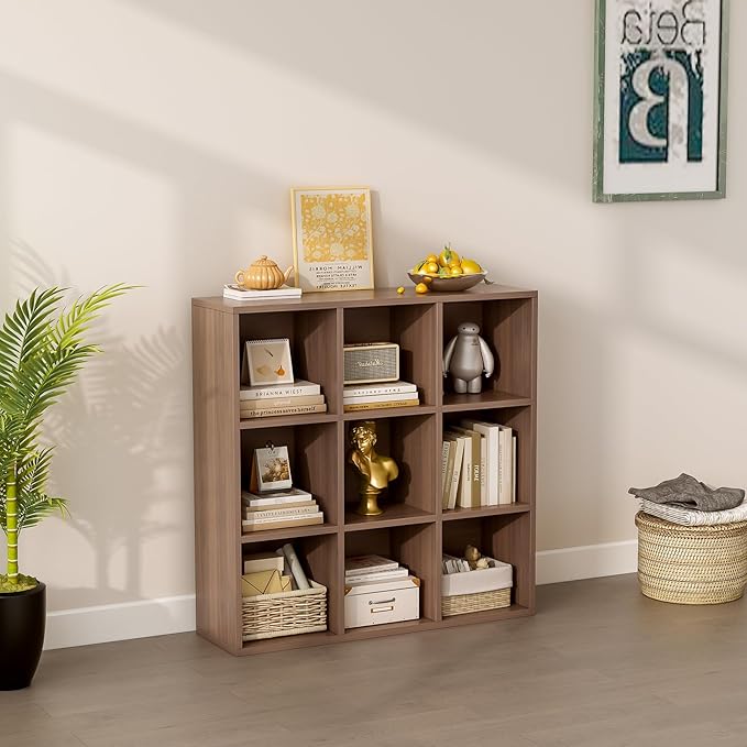 9-Cube Storage Shelf Bookcase - Wooden 3-Tier Floor Standing Open Bookshelf for Home and Office, Cuby Orgainzer, Walnut