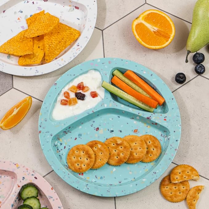 bzyoo 9-Inch Melamine Divided Plates – 3-Section Portion Control Plates, Food Safe & Durable, Lightweight & Unbreakable, Reusable Tableware for Kids, Big Kids & Everyday Meals, Confetti Green