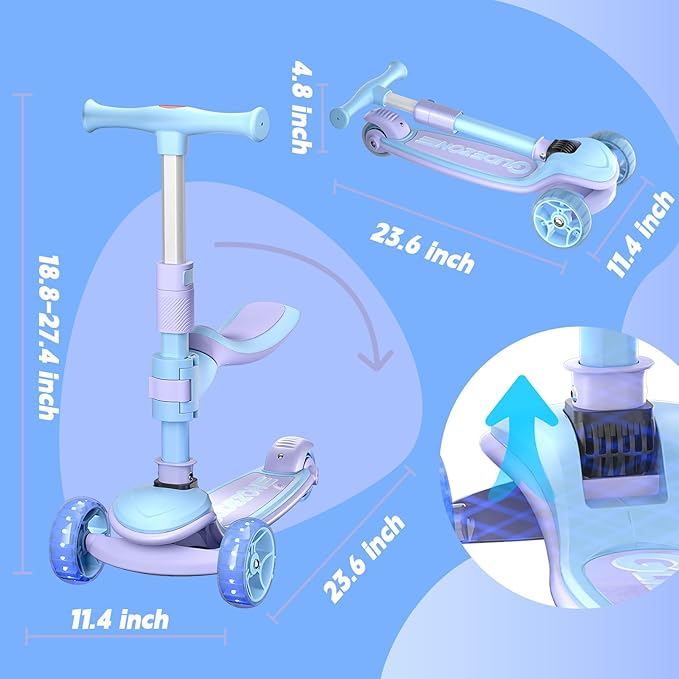 YING LU 2-in-1 Kids Scooter, 3-Wheel LED Light Up Scooters for Kids 3-8, Adjustable Height Handlebar & Removable Seat, Lean-to-Steer Toddler Scooter with Rear Foot Brake (Purple)