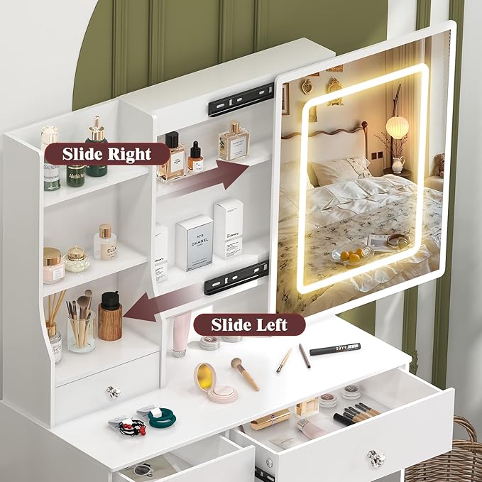 Makeup Vanity Desk with Sliding LED Mirror and Lights, White Vanity Desk with Lighted Mirror, USB Port, Drawers, 3-Color Adjustable Brightness, Vanity Dressing Table for Bedroom, Girls & Women Gifts