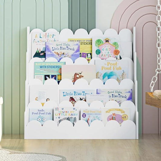 NACHES Kids Bookshelf Wooden 4 Tier Scalloped Bookshelf Toddler Montessori Bookcase Children Front Facing Display Book Shelves for Nursery Kids Room Reading Room Bedroom Classroom