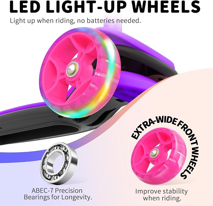 BELEEV A8 Scooter for Kids Ages 3-12, 3 Wheel Folding Scooter for Toddlers Girls Boys, LED Light-Up Wheels, 4 Adjustable Height, Lean to Steer, Extra Wide Wheels, Three Wheel Kick Scooter for Children