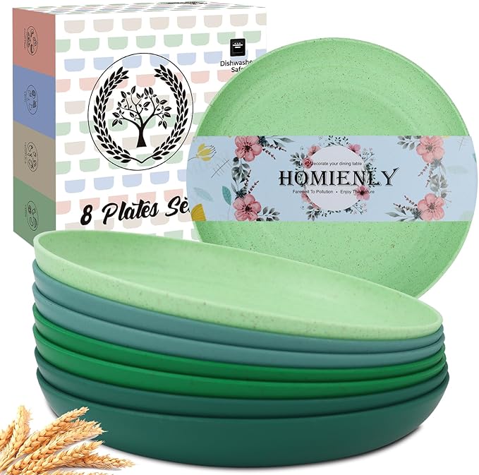 Homienly Dessert & Salad Set - Unbreakable Wheat Straw Plates, 8-10 inch, Reusable (Green Series)