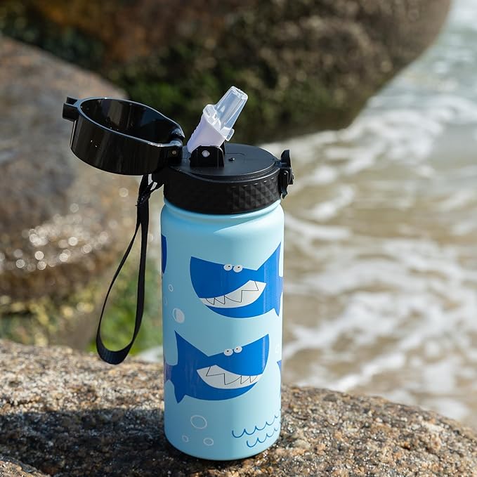 GOPPUS Kids Water Bottle (Straw Lid) - 18 Oz Stainless Steel Travel Bottle, Double Wall Vacuum Leak Proof Kids Cup for School Boys Girls,Iron Shark