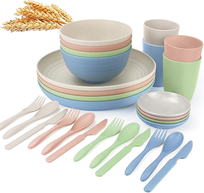 Wrova wheat straw bowls,plates,cups and cutlery sets 28 pcs - Unbreakable Dishwasher Safe dinnerware sets service for 4 - Ideal dish sets for kitchen, camping, indoors and out doors.Nordic