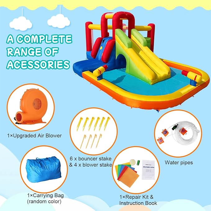 Bounce House Inflatable Water Slide for Kids, Water Park With Splash Pool, Double Cannon, 2 Climbing Walls, Obstacles, Blow Up Jumping Castle With Blower
