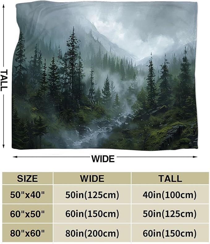 Forest Blanket Misty Mountain Tree Throw Blanket Cozy Plush Fleece Flannel Green Nature Blankets Landscape Party Gifts for Girls Boys Women Men 60"X50"