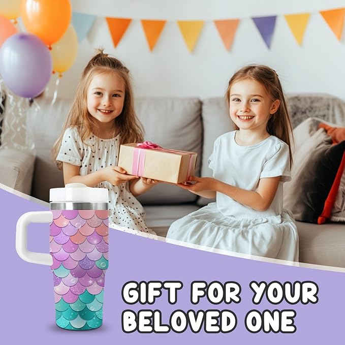 Gifts for Girls - 14oz Kids Themed Tumbler with Handle and Straw, Stainless Steel Insulated Water Cup, for Sport, School, Travel - Colorful Children Birthday Gift Cup(1pc)