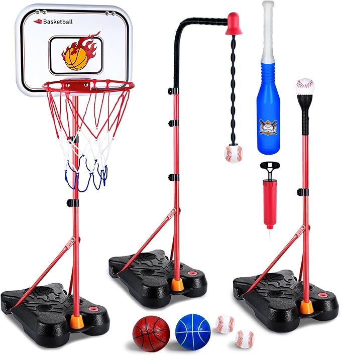 SIOTMERA 4 in 1 Kids Basketball Hoop and T Ball Set, Adjustable Height Toddler Basketball Hoop with Hanging Tee Baseball, Outdoor Indoor Toys Gifts for Boys Girls Ages 3-8
