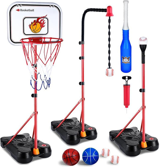 SIOTMERA 4 in 1 Kids Basketball Hoop and T Ball Set, Adjustable Height Toddler Basketball Hoop with Hanging Tee Baseball, Outdoor Indoor Toys Gifts for Boys Girls Ages 3-8