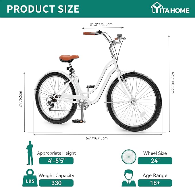 YITAHOME 24 & 26 Inch Beach Cruiser Bike, 7 Speed & Single Speed Commute Bike, Step-Through Bicycle for Adult Women & Men, Steel Frame Cruiser Bike with Full Front & Rear Fenders
