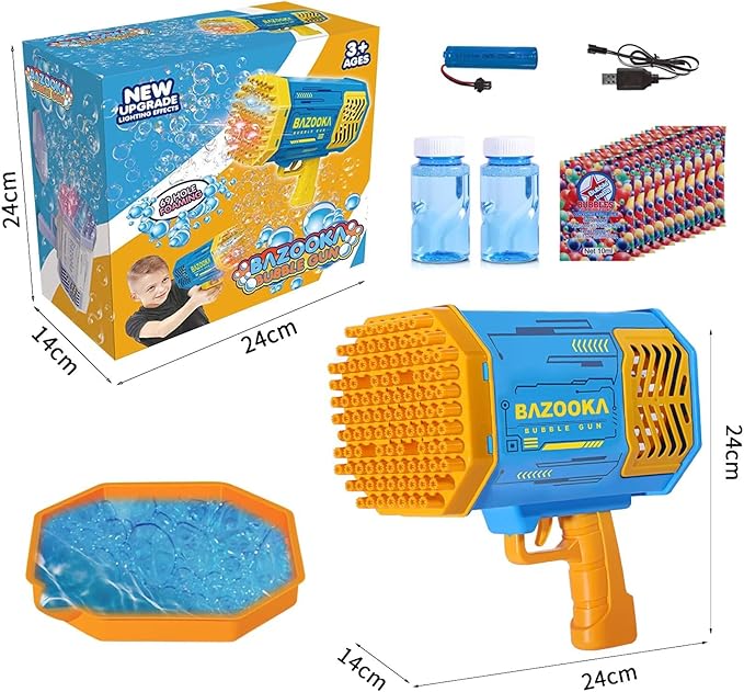 Bubble Gun Bazooka Machine with Solution - 69 Holes Blaster for Outdoor Summer Toy, Party Favors - Blue Halloween Bubble Maker Blowers for Kids
