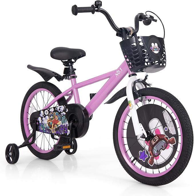 BABY JOY Rabbit Pilot Sporty Kids Bike, 12 14 16 18 Inch Child Bike for 3-8 Years Old with Adjustable Height, Training Wheels, Storage Basket, Handbrake & Coaster Brake, Kids Bicycle for Girls Boys