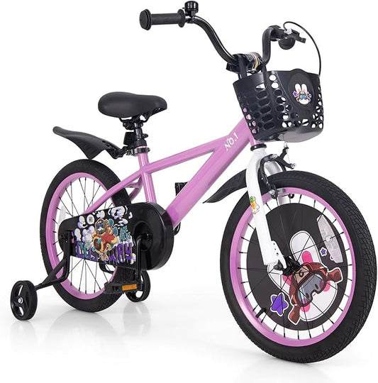 BABY JOY Rabbit Pilot Sporty Kids Bike, 12 14 16 18 Inch Child Bike for 3-8 Years Old with Adjustable Height, Training Wheels, Storage Basket, Handbrake & Coaster Brake, Kids Bicycle for Girls Boys