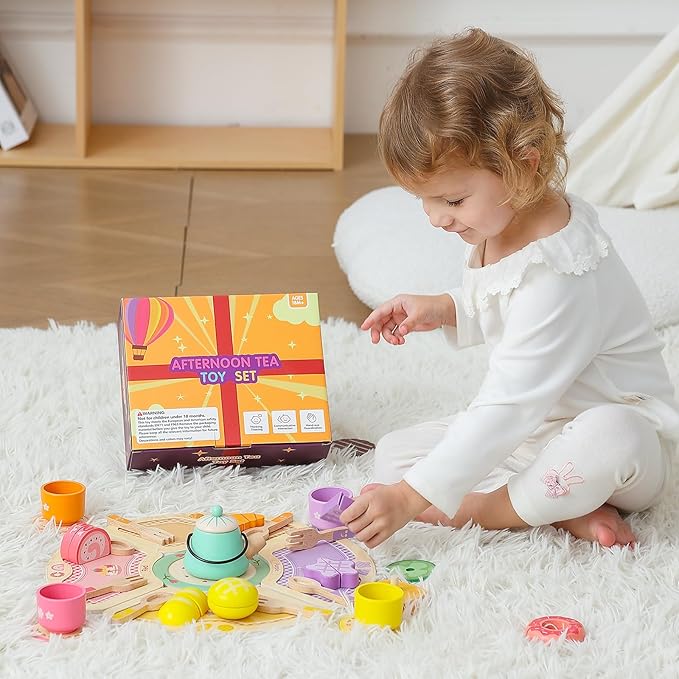 JAUNTY Tea Party Set Toy for Girl 3 4 5 Years Old, Wooden Pretend Play Kitchen Toy Food for 3 Year Old Little Girls , Great Educational 1st Birthday for 3-5 Toddler Girls Boys