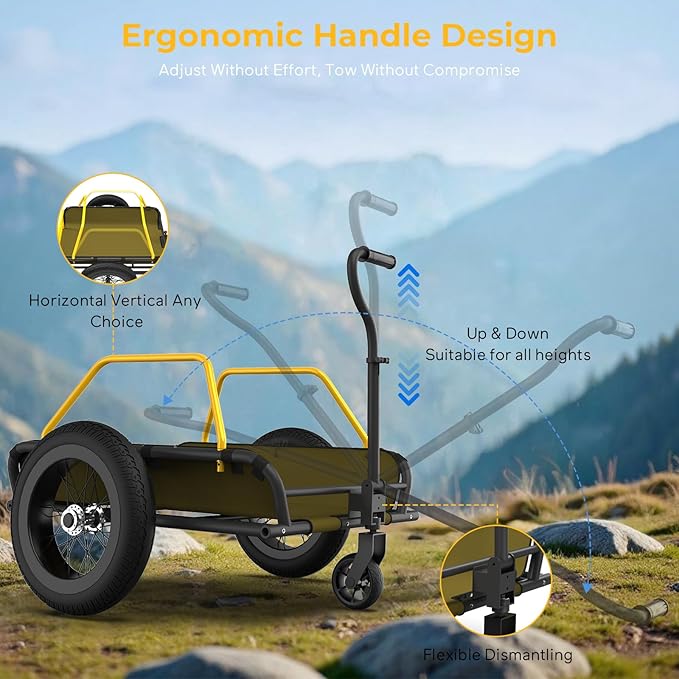 Heavy-Duty Bike Cargo Trailer, 3-in-1 Collapsible Foldable Design with 150lb Capacity Universal Hitch & Removable Caster Dual Shock Absorbers, Quick Release 16" Wheels Bicycle Traile