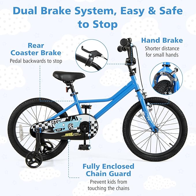 BABY JOY Kids Bike, 12 14 16 18 Inches Car Pattern Sporty Bicycle w/Removable Training Wheels, Hand & Coaster Brakes, Adjustable Seat & Handlebar, Girls Boys Bike